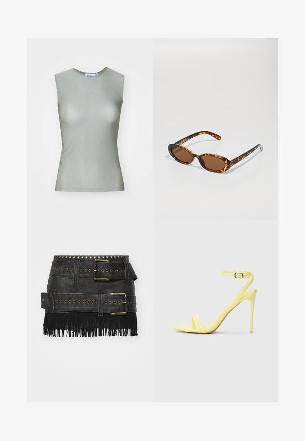Ärmelloses, hellgrünes Oberteil aus glattem Stoff, mit hohem Kragen und taillierter Silhouette. Keine sichtbaren Beschläge oder Muster.; Schwarzer Kunstlederrock mit großen Metallschnallen, Ösenverzierungen und Fransen am Saum. Strukturierter Schnitt mit mehreren Gürteln.; Gelbe Lackleder-Pumps mit hohen Absätzen, zwei vorderen Riemen und einem Knöchelriemen mit Schnalle. Schlankes, spitzes Absatzdesign.; Schildpatt-Sonnenbrille mit ovalen Rahmen, braunen Gläsern und schlanken schwarzen Bügeln mit subtilen Musterakzenten.; Schwarze, strukturierte Tragetasche mit kurzen Griffen, ausgestattet mit einem goldenen Verschluss und Akzenten. Das Design ist strukturiert und weist eine geometrische Silhouette auf.