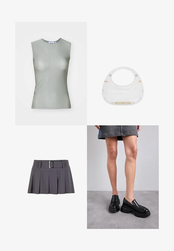 Sleeveless light green top made of smooth fabric, featuring a high neck and a fitted silhouette. No visible hardware or patterns.; Gray pleated mini skirt with a smooth texture, featuring a wide waistband, belt loops, and a rectangular silver buckle detail.; MICHAEL Michael Kors SHILOH LOAFER - Platform heels - black; Clear acrylic bag with a rounded top and open handle. Features gold hardware details and a smooth, polished surface.