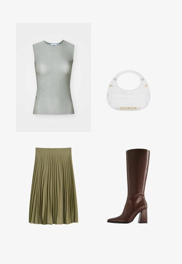 Ärmelloses, hellgrünes Oberteil aus glattem Stoff, mit hohem Kragen und taillierter Silhouette. Keine sichtbaren Beschläge oder Muster.; Olivgrüner Midilanger, plissee-Rock mit einem Taillenbund und einem verdeckten Reißverschluss auf der Rückseite.; Brauner kniehoher Lederstiefel mit spitzer Zehe und klobigem mittelhohem Absatz, Seitenansicht vor weißem Hintergrund.; Transparente Acryltasche mit abgerundetem oberen Teil und offenem Griff. Mit goldenen Hardwaredetails und einer glatten, polierten Oberfläche ausgestattet.