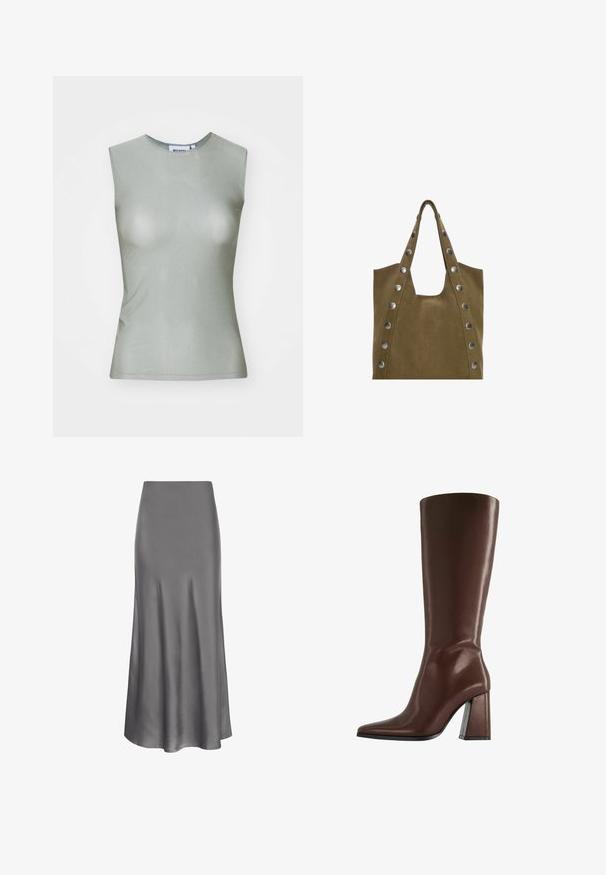 Haut sans manches vert clair en tissu lisse, avec un col montant et une silhouette ajustée. Pas de matériel ou de motifs visibles.; Moves HEBRY - Jupe longue - castlerock; Botte en cuir marron montant jusqu'au genou, avec bout pointu et talon épais de hauteur moyenne, vue de profil sur fond blanc.; Sac tote en daim kaki avec deux anses supérieures, présentant de grands rivets en argent sur les côtés et une grande ouverture en haut pour un accès facile.