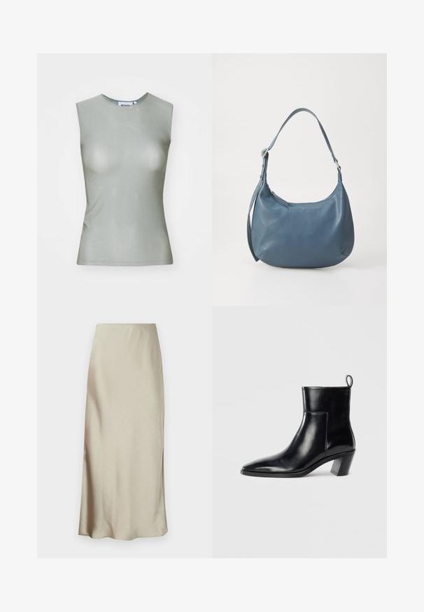 Sleeveless light green top made of smooth fabric, featuring a high neck and a fitted silhouette. No visible hardware or patterns.; A long, light beige skirt made of smooth fabric features a subtle sheen and a flared hem, providing a sleek, minimalist design.; Black leather ankle boot with a pointed toe, a geometric stacked heel, and a pull tab at the back. Smooth texture and sleek design.; Blue leather handbag with a rounded shape, single shoulder strap, zip closure, and embossed brand name on the front. Smooth texture.