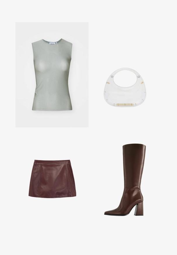 Ärmelloses, hellgrünes Oberteil aus glattem Stoff, mit hohem Kragen und taillierter Silhouette. Keine sichtbaren Beschläge oder Muster.; Burgunderfarbene Leder-Minirock mit glatter Textur, ausgestattet mit einem taillierten Bund und seitlichen Einsätzen für eine strukturierte Gestaltung.; Brauner kniehoher Lederstiefel mit spitzer Zehe und klobigem mittelhohem Absatz, Seitenansicht vor weißem Hintergrund.; Transparente Acryltasche mit abgerundetem oberen Teil und offenem Griff. Mit goldenen Hardwaredetails und einer glatten, polierten Oberfläche ausgestattet.