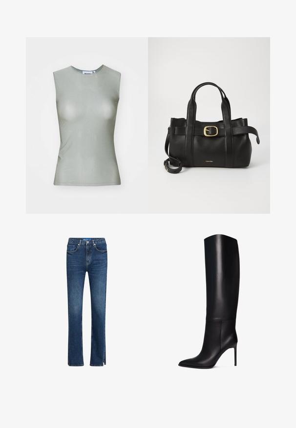 Bezrukava svijetlozelena majica izrađena od glatkog materijala, s visokim ovratnikom i priljubljenim siluetom. Nema vidljivih metalnih dijelova niti uzoraka.; Plave traperice s ravnim krojem, pet džepova, kontrastnim šavovima i bočnim prorezima na rubu za dodatnu detaljnost.; Crne kožne štikle do koljena s šiljastim vrhom. Glatka tekstura, strukturalni dizajn i vitka visoka peta. Nema vidljivih metalnih dijelova ili uzoraka.; Crna kožna torba s strukturiranim dizajnom, dvostrukim gornjim ručkama, zlatnim kopčom kao naglaskom i utisnutim logotipom marke sprijeda.