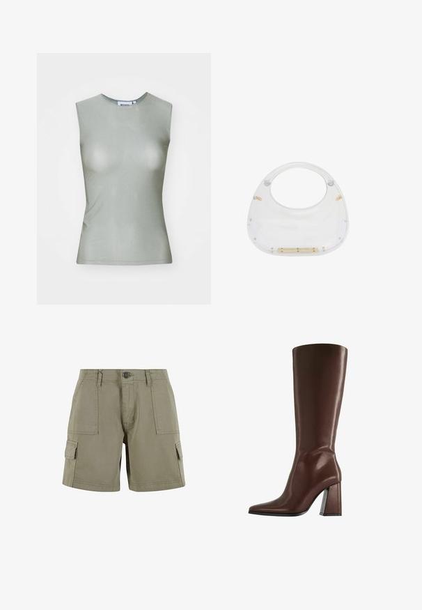 Top senza maniche di colore verde chiaro realizzato in tessuto morbido, con collo alto e silhouette aderente. Nessuna hardware o motivo visibile.; Pantaloni cargo khaki realizzati in cotone leggero, con due tasche laterali, chiusura anteriore con bottone e taglio dritto.; Stivale marrone in pelle alto fino al ginocchio con punta a punta e tacco medio spesso, mostrato di profilo su sfondo bianco.; Borsa in acrilico trasparente con parte superiore arrotondata e manico aperto. Presenta dettagli in hardware dorato e una superficie liscia e lucida.