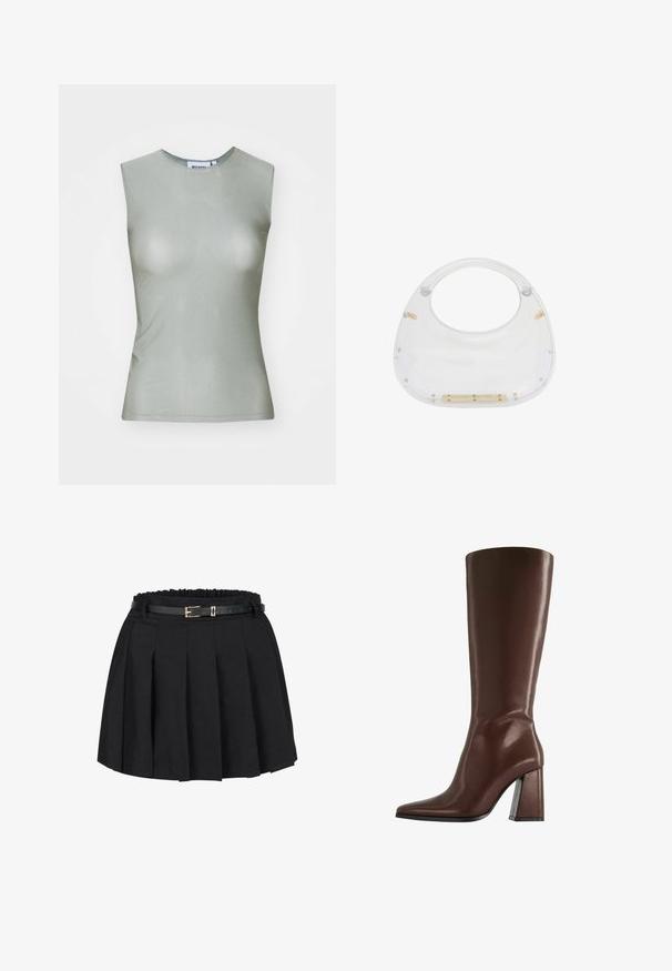 Top senza maniche di colore verde chiaro realizzato in tessuto morbido, con collo alto e silhouette aderente. Nessuna hardware o motivo visibile.; Gonna nera plissettata con vita elastica arricciata e una cintura nera sottile con fibbia in tonalità oro. Realizzata in tessuto intrecciato.; Stivale marrone in pelle alto fino al ginocchio con punta a punta e tacco medio spesso, mostrato di profilo su sfondo bianco.; Borsa in acrilico trasparente con parte superiore arrotondata e manico aperto. Presenta dettagli in hardware dorato e una superficie liscia e lucida.