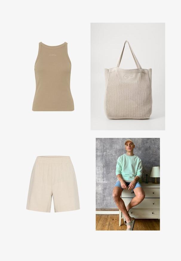Beige ribbed tank top with a round neckline, sleeveless design, and a small embossed logo at the center front. Soft fabric texture.; Beige linen shorts with an elastic waistband, featuring a loose fit and smooth texture, designed for comfort and breathability.; Mint green sweatshirt, denim shorts, and olive green slip-on shoes. Sitting on a light-colored chest of drawers against a textured gray wall.; Beige knitted tote bag with textured surface, two sturdy handles, and a subtle logo detail at the front. Rectangular shape for versatile use.