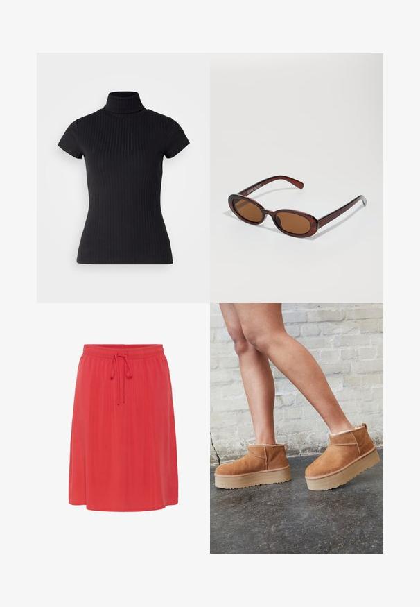Haut noir à col roulé court en tissu côtelé, avec une coupe ajustée et un design de col haut. Motif simple et texturé.; Jupe corail à mi-longueur avec une texture douce et fluide. Dispose d'une taille élastique avec un cordon de serrage pour un ajustement réglable.; Bottines en suède marron avec une doublure en peluche, semelle épaisse en beige et une poignée à l'arrière. Surface texturée avec des détails de couture visibles.; Lunettes de soleil rondes teinte brun avec une monture bordeaux brillante. Branches fines avec un détail de marque subtil. Design de verres plats.