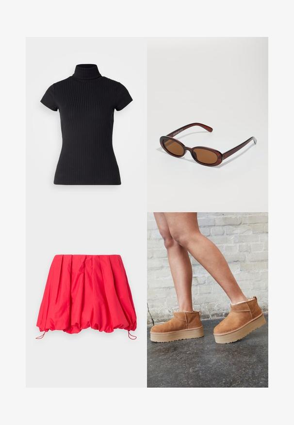 Top preto de gola alta, de mangas curtas, feito de tecido canelado, com um corte ajustado e um design de gola alta. Padrão simples e texturizado.; Saia mini plissada vermelha, feita de um tecido leve; apresenta uma bainha elástica com cordões para ajuste. Textura suave.; Botas de cano baixo em camurça castanha com um forro felpudo, sola de plataforma espessa em bege e puxador na parte de trás. Superfície texturizada com detalhes de costura visíveis.; Óculos de sol redondos, com uma tonalidade castanha e uma armação glossy em bordeaux. Braços finos com um detalhe discreto de marca. Design de lentes planas.