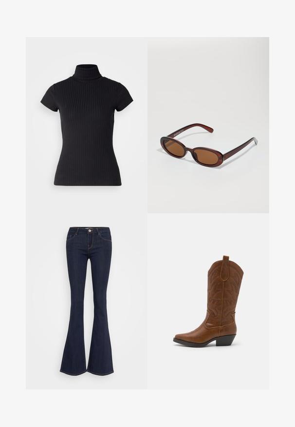 Musta, lyhythihainen poolopaita, joka on valmistettu ribbikankaasta. Siinä on slim fit -malli ja korkea kaulus. Yksinkertainen ja teksturoitu kuosi.; Tummat farkut, joissa on leveät lahkeet ja muotoonommeltu vyötärö, edessä nappikiinnitys, viisi taskua ja sauman yksityiskohtia lahkeissa.; ONLY SHOES ONLBRONCO - Biker-/cowboysaappaat - brown; Pyöreät, ruskehtavat aurinkolasit, joissa on kiiltävä burgundinpunainen runko. Kapeat sivut, joissa on hienovarainen brändäys. Litteät linssit.