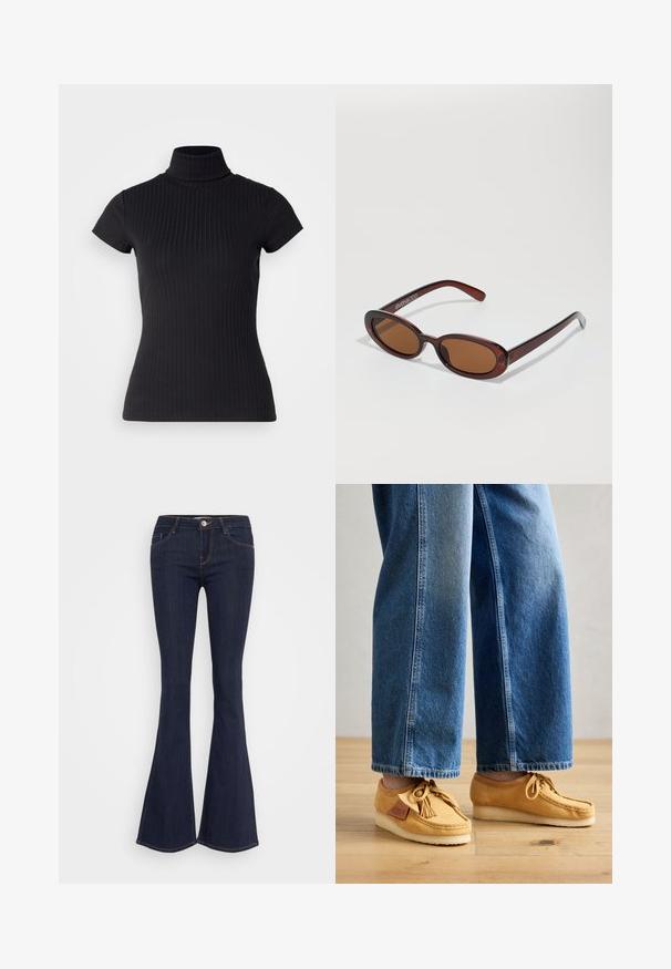 Juodas, trumpomis rankovėmis polos stilius marškinėliai, pagaminti iš tekstūruotos medžiagos, su siauru siluetu ir aukštu apykaklės dizainu. Paprastas ir tekstūruotas raštas.; Tamsiai džinsinio audinio platėjančios kelnės su prigludusia juosmens linija, turinčios priekinį mygtuko užsegimą, penkių kišenių dizainą ir siūlių detales palei kojas.; Tan odiniai mokasinai su kutais, apvaliu kojų pirštu ir kreminiu guminiu padu, derinami su trumpais mėlynais džinsais. Medinė grindų danga.; APvalūs, rudos spalvos saulės akiniai su blizgia burgundinės spalvos rėmeliu. Plonos šakutės su subtiliu ženklinimu. Lygus objektyvo dizainas.