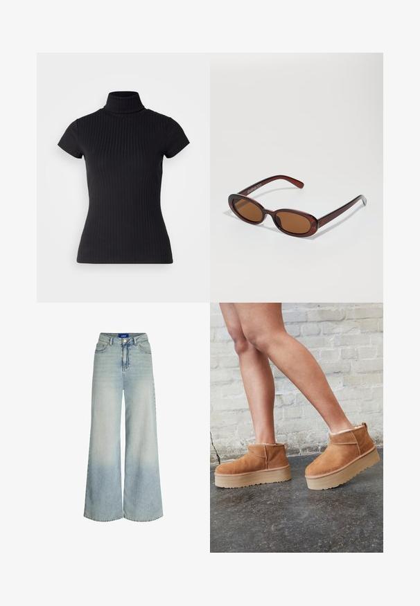 Must musta, lühikeste varrukatega kõrge kaelusega turtleneck särk, valmistatud ribakanga materjalist, millel on õhuke lõige ja kõrge kaelus. Lihtne ja tekstuurne muster.; Heledad teksasest valmistatud laiad püksid helesinisest denimist, millel on kõrge vöökoht, viie tasku disain ja kanga tekstuuris õrn kulumine.; Pruunist seemsest valmistatud pahkluu saapad, millel on pehme vooder, paks beež platvormi konts ja tagumine tõmblukk. Tekstureeritud pind nähtavate õmbluse detailidega.; Ümar, pruunikased päikeseprillid läikiva burgundia raami ja peente kaubamärgi detailidega. Peened sangad ja lame läätsedesain.