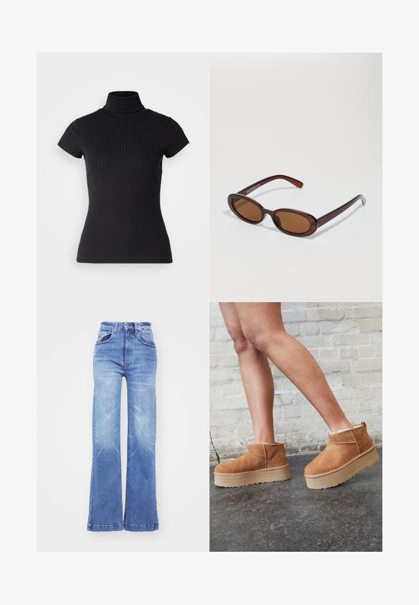 Crna majica kratkih rukava s rolkom, izrađena od rebraste tkanine, s uskim krojem i visokim ovratnikom. Jednostavan i teksturiran uzorak.; Svijetloplave široke traperice izrađene od denima, s visokim strukom, pet džepova i suptilnim izblijedjelim efektom za izgled nošenosti. Kontrastno obojeni šavovi.; Smeđi antilop čizmi do gležnja s mekanim postavljanjem, debljim bež platformski potplat i stražnjim povlačnim trakama. Teksturirana površina s vidljivim šavovima.; Okvir okruglih, smeđkastih sunčanih naočala s sjajnim burgundskim okvirom. Uski nositelji s suptilnim brendiranjem. Ravna leća.