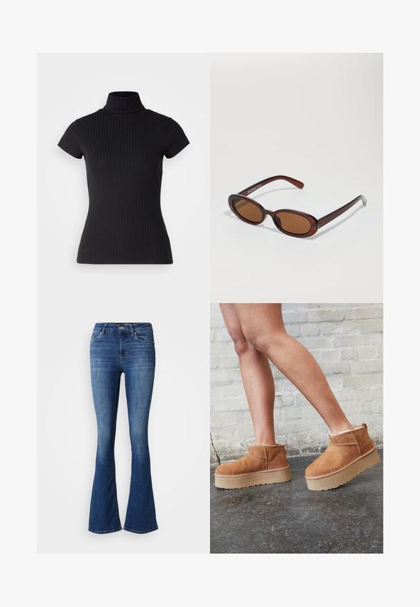 Black, short-sleeved turtleneck top made of ribbed fabric, featuring a slim fit and a high collar design. Simple and textured pattern.; Blue denim jeans with a high waist, faded front thighs, and a flared leg style, featuring front and back pockets and a button closure.; Brown suede ankle boots with a plush lining, thick beige platform sole, and a rear pull tab. Textured surface with visible stitching details.; Round, brown-tinted sunglasses with a glossy burgundy frame. Slim arms with subtle branding detail. Flat lens design.