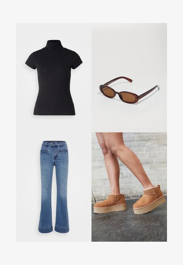 Must musta, lühikeste varrukatega kõrge kaelusega turtleneck särk, valmistatud ribakanga materjalist, millel on õhuke lõige ja kõrge kaelus. Lihtne ja tekstuurne muster.; Keskmise sinise tooniga flared denim teksad kõrge vöökoha, eesmine taskute ja kontrastõmblustega. Kangas on pehme ja kergelt kulunud viimistlusega.; Pruunist seemsest valmistatud pahkluu saapad, millel on pehme vooder, paks beež platvormi konts ja tagumine tõmblukk. Tekstureeritud pind nähtavate õmbluse detailidega.; Ümar, pruunikased päikeseprillid läikiva burgundia raami ja peente kaubamärgi detailidega. Peened sangad ja lame läätsedesain.
