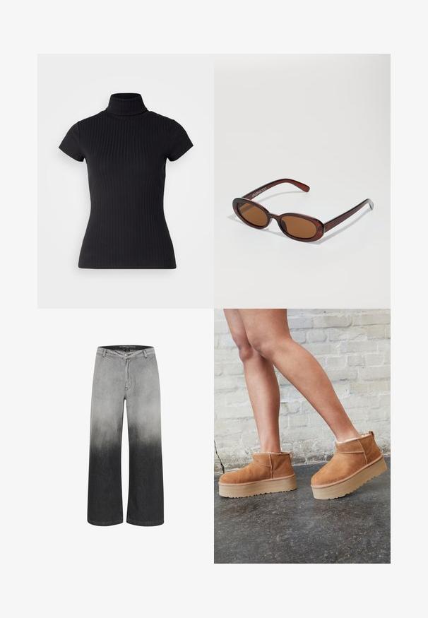 Maglietta nera a maniche corte con collo alto realizzata in tessuto a costine, caratterizzata da una vestibilità slim e un design con colletto alto. Motivo semplice e strutturato.; Jeans a gamba larga in una sfumatura di grigio, che passa da chiaro a scuro. Realizzati in denim, con chiusura a bottoni e tradizionale design a 5 tasche.; Stivali alla caviglia in suede marrone con una fodera morbida, suola platform spessa beige e un'asola posteriore. Superficie testurizzata con dettagli di cucitura ben visibili.; Occhiali da sole rotondi con tonalità marrone, montatura lucida color bordeaux. Aste sottili con un sottile dettaglio del marchio. Design delle lenti piatte.