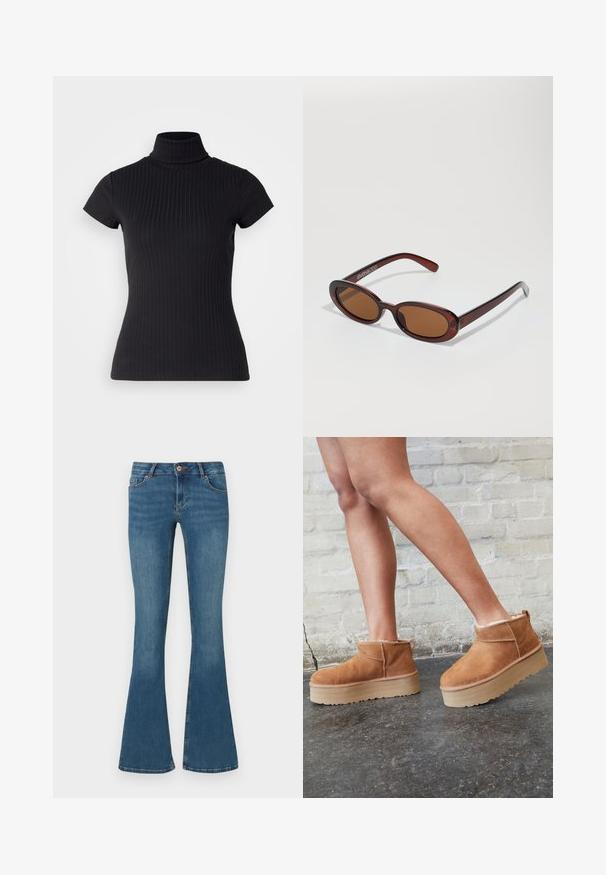 Svart, kortermet turtleneck topp laget av ribbet stoff, med en slim fit og høy krage-design. Enkel og teksturert mønster.; Bredde blå denim jeans, middels høyde liv, med frontlommer og glidelås. Jevn tekstur med subtil falming og kontraststing detaljer.; Brune daim ankelstøvler med en bløt foring, tykk beige plattformsåle og en bakre trekkflik. Teksturert overflate med synlige stikningsdetaljer.; Runde, brune solbriller med en blank burgunderfarvet ramme. Slanke arme med subtile brandingdetaljer. Flad linse design.