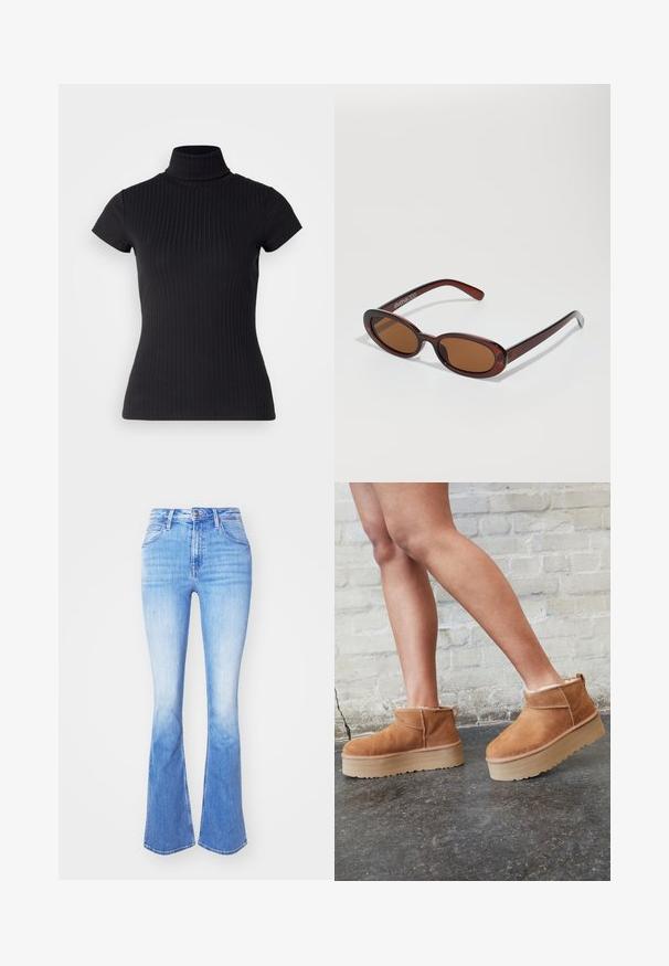 Tricou negru, cu mânecă scurtă și guler înalt, confecționat dintr-un material cu o textură răsucită, având o croială slim. Model simplu și texturat.; Blugi evazați de culoare albastru deschis, made din denim, cu talie înaltă, design tradițional cu cinci buzunare și o nuanță treptată care se estompează spre tiv.; Botine din suede maro, cu căptușeală moale, talpă platformă groasă de culoare bej și sistem de prindere în partea din spate. Suprafață texturată cu detalii de cusătură vizibile.; Ochelari de soare rotunzi, cu nuanțe de brown și cu un cadru lucios de burgund. Brațe subțiri cu detalii subtile de branding. Design cu lentile plate.