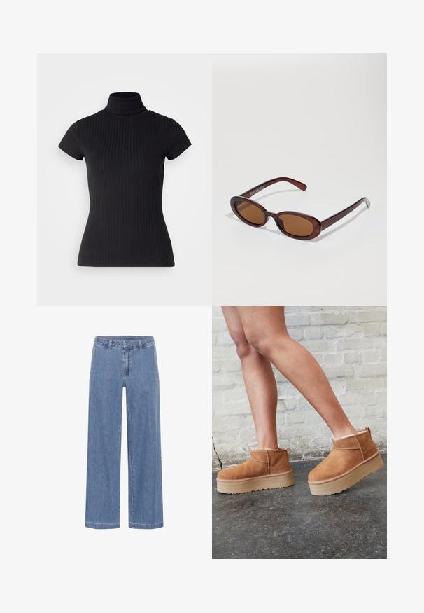 Fekete, rövid ujjú garbó felső bordás anyagból, amely karcsú fazonnal és magas galléros dizájnnal rendelkezik. Egyszerű és textúrázott minta.; My Essential Wardrobe SOFFI WIDE - Bő szabású farmernadrág - medium blue wash; Barna velúr bokacsizma puha béléssel, vastag bézs platformtalppal és hátsó húzófüllel. Texturált felület látható varrási részletekkel.; Kerek, barna árnyalatú napszemüveg fényes burgundi kerettel. Karcsú karok diszkrét márkázással. Lapos lencse kialakítás.