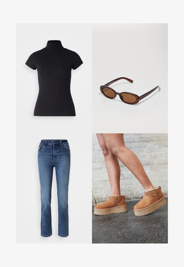 Svart, kortärmad polotröja i ribbat tyg med en smal passform och hög krage. Enkel och strukturerad mönster.; Ljusblå denimjeans med rak benmodell, fem fickor och hög midja. Har guldfärgade detaljer och en slät textur.; Bruna mocka ankelskor med en fluffig foder, tjock beige plattformssula och en dragflik bak. Texturerad yta med synliga sömdetaljer.; Runda, bruntonade solglasögon med en glansig bordeauxfärgad ram. Smala bågar med subtilt varumärkesdetalj. Platt linsdesign.