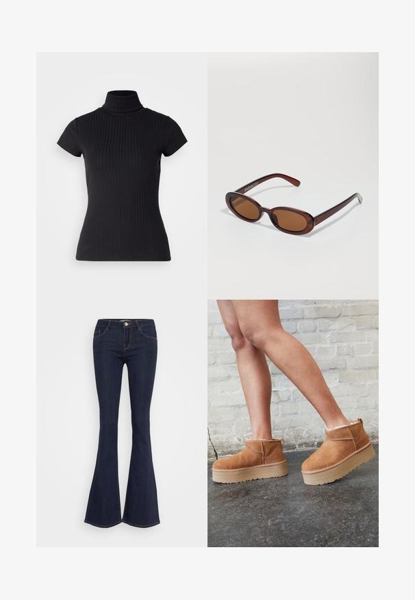 Top preto de gola alta, de mangas curtas, feito de tecido canelado, com um corte ajustado e um design de gola alta. Padrão simples e texturizado.; Jeans flare em denim escuro com cintura ajustada, apresentando um fecho frontal por botão, design de cinco bolsos e detalhes de costura ao longo das pernas.; Botas de cano baixo em camurça castanha com um forro felpudo, sola de plataforma espessa em bege e puxador na parte de trás. Superfície texturizada com detalhes de costura visíveis.; Óculos de sol redondos, com uma tonalidade castanha e uma armação glossy em bordeaux. Braços finos com um detalhe discreto de marca. Design de lentes planas.