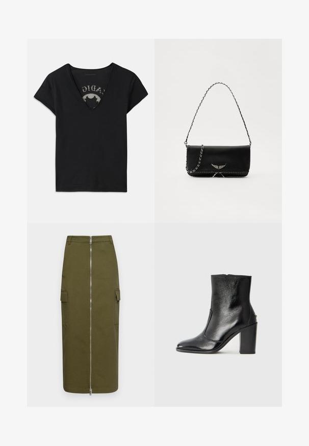 Sort kortærmet t-shirt med en dyb V-udskæring, der har en mesh-panel og trykt design på det indre lag. Blødt og åndbart stof.; Olivengrøn cargo-nederdel lavet af bomuldsblanding, med en central lynlås og to sidelommer for ekstra funktionalitet.; Sorte læder ankelstøvler med en glat overflade, spids tå og en chunky høj hæl. Har en sidelukning og minimalistisk design.; Sort læderhåndtaske med en sølv kædestrop, der har dekorative vingedetaljer og hvid syning langs bunden.
