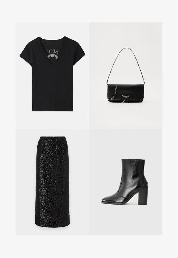 Fekete, rövid ujjú póló mély V-nyakkal, hálós betéttel és nyomtatott mintával a belső rétegen. Puha, légáteresztő anyag.; Fekete flitteres ceruzaszoknya, rugalmas derékpánttal. A felületet sűrűn elhelyezett, fénylő flitterek borítják, texturált megjelenést kölcsönözve.; Fekete bőr bokacipő sima textúrával, hegyes orral és vastag, magas sarkával. Oldalnyílással és minimalista dizájnnal rendelkezik.; Fekete bőrtáska ezüstlánc pánttal, díszes szárnyakkal és fehér varrással az alsó varrat mentén.