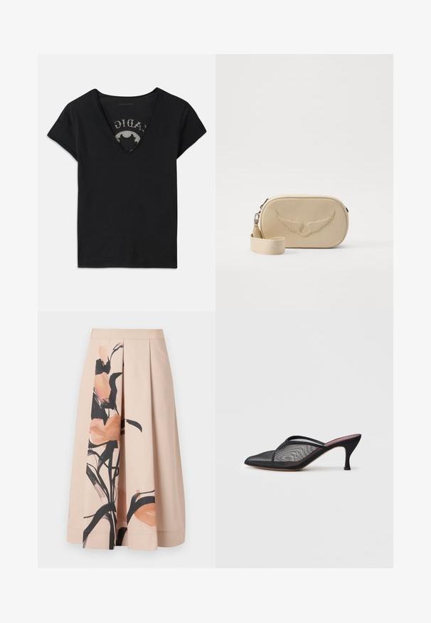 Zwarte t-shirt met korte mouwen en een diepe V-hals, met een mesh paneel en een gedrukt ontwerp op de binnenlaag. Zachte, ademende stof.; Beige plissé rok gemaakt van een katoenmix, met een abstract bloemenpatroon in zachte perziken en zwarte tinten aan één kant.; Zwarte gaas mule met pointed toe, dunne bandjes en een 7,5 cm hoge stilettohak. Kenmerkt zich door een doorschijnende textuur en een effen tonale zool.; Beige leren schoudertas met textuur en een gebosselde vleugelontwerp. Voorzien van een ritssluiting en een afneembare schouderband met debossed letters.