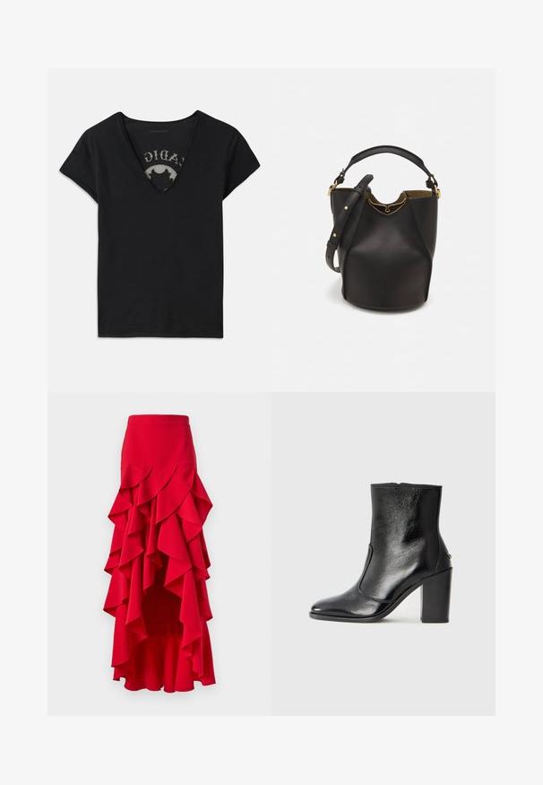 Lyhythihainen musta t-paita, jossa on syvä V-pääntie, verkkopaneeli ja painettu kuvio sisäkerroksessa. Pehmeä ja hengittävä kangas.; Punainen röyhelöhamonen, jossa on korkea-matalahiha. Sisältää kerroksellisia röyhelöitä vyötärön ja sivujen kohdalla, valmistettu sileästä kankaasta. Joustava vyötärö.; Mustat nahka ankle bootit, joissa on sileä pinta, terävä kärki ja paksu korkea korko. Sivusaumassa on avaus ja muuten yksinkertainen muotoilu.; Mustan nahka-buckettikassi, jossa on teksturoitu pinta, kultaiset metalliosat ja avoin yläosa. Ominaisuuksiin kuuluu lyhyt kahva ja säädettävä olkahihna.