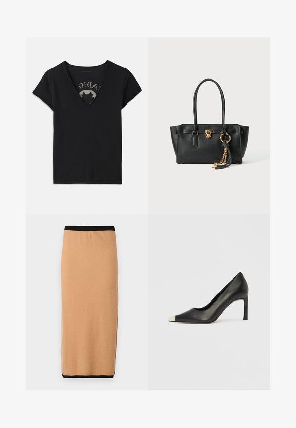 Schwarzes T-Shirt mit kurzen Ärmeln und tiefem V-Ausschnitt, ausgestattet mit einem Netzpanel und einem Druckdesign auf der inneren Schicht. Weicher, atmungsaktiver Stoff.; Knielanger, camel-farbener Strickrock mit einem schwarzen elastischen Bund und einer glatten Textur. Einfaches Design, keine sichtbaren Muster oder Akzente.; Schwarzer Lederschuh mit hohem Absatz, spitz zulaufender Zehenpartie und metallischer silberner Spitze. Verfügt über eine glatte Oberfläche und einen schlanken 10 cm hohen Absatz.; Schwarze Lederhandtasche mit doppelten Griffen, goldfarbener Verschluss- und Kettendetails sowie einem schwarz-weißen Quastenaccessoire vor weißem Hintergrund.