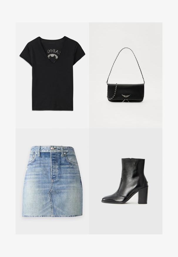 Zwarte t-shirt met korte mouwen en een diepe V-hals, met een mesh paneel en een gedrukt ontwerp op de binnenlaag. Zachte, ademende stof.; Lichtblauwe denim mini-rok met een hoge taille, afgewerkte zoom, voorzakken en sluiting met een metalen knoop. Vervaagde wassing geeft textuur.; Zwarte leren enkelboot met een gladde textuur, spitse neus en een gedurfde hoge hak. Beschikt over een zijopening en een minimalistisch ontwerp.; Zwarte leren handtas met een zilveren kettingband, voorzien van decoratieve vleugelaccenten en witte stiksels langs de onderste naad.