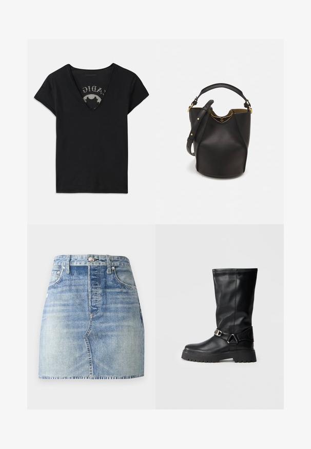Tricou negru cu mânecă scurtă și decolteu adânc în formă de V, având un panou din plasă și un design imprimat pe stratul interior. Material moale și respirabil.; Fustă mini din denim de culoare blue deschis, cu talie înaltă, tiv terminat, buzunare frontale și închidere cu buton metalic. Detalii de spălare decolorată adaugă textură.; Cizme negre până la genunchi din piele netedă, cu un detaliu cu cataramă pe lateral și o talpă groasă, texturată pentru aderență.; Geantă din piele neagră în stil bucket, cu un finisaj texturat, accente din metal auriu și un compartiment deschis. Dispune de o mânere scurtă și un curea de umăr ajustabilă.