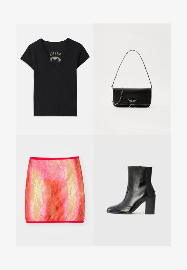 Zwarte t-shirt met korte mouwen en een diepe V-hals, met een mesh paneel en een gedrukt ontwerp op de binnenlaag. Zachte, ademende stof.; Doorzichtige kanten minirok met eenGradient van roze en rood, met een bloemenpatroon, afgewerkt met een effen rode tailleband.; Zwarte leren enkelboot met een gladde textuur, spitse neus en een gedurfde hoge hak. Beschikt over een zijopening en een minimalistisch ontwerp.; Zwarte leren handtas met een zilveren kettingband, voorzien van decoratieve vleugelaccenten en witte stiksels langs de onderste naad.