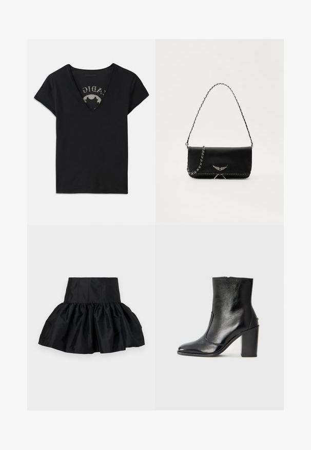 Fekete, rövid ujjú póló mély V-nyakkal, hálós betéttel és nyomtatott mintával a belső rétegen. Puha, légáteresztő anyag.; Fekete szatén szoknya, alakjára illeszkedő derékkal, hullámos, ráncolt kialakítással és réteges textúrával. Simá felület, minták nélkül.; Fekete bőr bokacipő sima textúrával, hegyes orral és vastag, magas sarkával. Oldalnyílással és minimalista dizájnnal rendelkezik.; Fekete bőrtáska ezüstlánc pánttal, díszes szárnyakkal és fehér varrással az alsó varrat mentén.