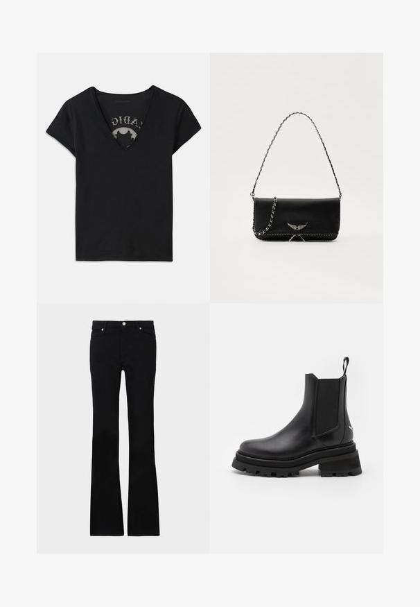 Melnas īsām piedurknēm T-krekls ar dziļo V-veida kakla izgriezumu, ar sēklu paneļa un drukātu dizainu uz iekšējās kārtas. Mīksta, elpojoša auduma.; Melni flared džinsi, izgatavoti no džinsa auduma, ar divām priekšējām kabatām, pogu aizdari un gludu tekstūru. Redzamā veikala šuvju rakstība.; Melnas ādas Chelsea zābaki ar elastīgām sānu paneļiem, apaļu pirkstu daļu, masīvu gumijas zoli un cilpu uz papēža. Strukturētas un gludas virsmas.; Melnas ādas rokassomā ar sudraba ķēdes siksnu, kurai ir dekoratīvi spārnu akcenti un baltā šuvēšana apakšējā šuvē.