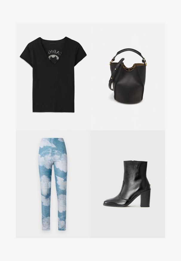 Czarny krótki t-shirt z krótkim rękawem i głębokim dekoltem w kształcie litery V, z siateczkowym panelem i nadrukowanym wzorem na wewnętrznej warstwie. Miękka, oddychająca tkanina.; Legginsy z tłem w niebieskim dżinsie z białymi wzorami chmur. Materiał wydaje się elastyczny, o dopasowanym kroju i długości do kostek.; Czarne skórzane botki za kostkę o gładkiej fakturze, spiczastym nosku i grubym wysokim obcasie. Posiadają boczne wycięcie i minimalistyczny design.; Czarna skórzana torebka w kształcie wiadra o teksturowanym wykończeniu, z złotymi akcentami metalowymi i otwartą górą. Posiada krótką rączkę oraz regulowany pasek na ramię.