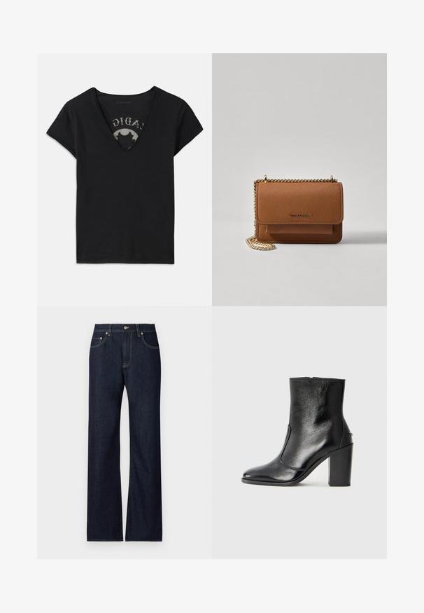 Tricou negru cu mânecă scurtă și decolteu adânc în formă de V, având un panou din plasă și un design imprimat pe stratul interior. Material moale și respirabil.; Jeans din denim de culoare albastru închis, cu un design drept, având cinci buzunare, cusături galbene contrastante și închidere cu un buton metalic.; Botină din piele neagră, cu o textură netedă, vârf ascuțit și toc gros, înalt. Dispune de o deschidere laterală și un design minimalist.; Geantă crossbody din piele texturată maro, cu curea din lanț aurit și închidere cu clapetă. Partea din față prezintă detalii cu logo și o buzunar sub clapetă.