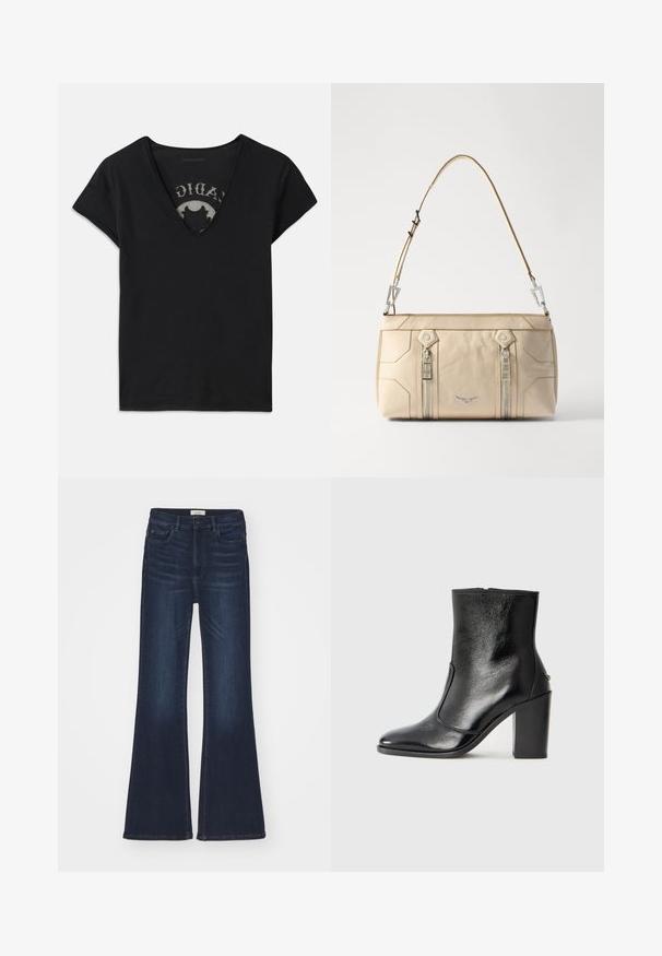 Black short-sleeve t-shirt with a deep V-neckline, featuring a mesh panel and printed design on the inner layer. Soft, breathable fabric.; Dark blue flared jeans with a mid-rise waist, featuring front pockets and a smooth denim texture. A classic design with minimal stitching.; Black leather ankle boot with a smooth texture, pointed toe, and a chunky high heel. Features a side opening and minimalistic design.; Beige leather handbag with silver hardware, two side zippers, structured design, and a removable strap for versatility.
