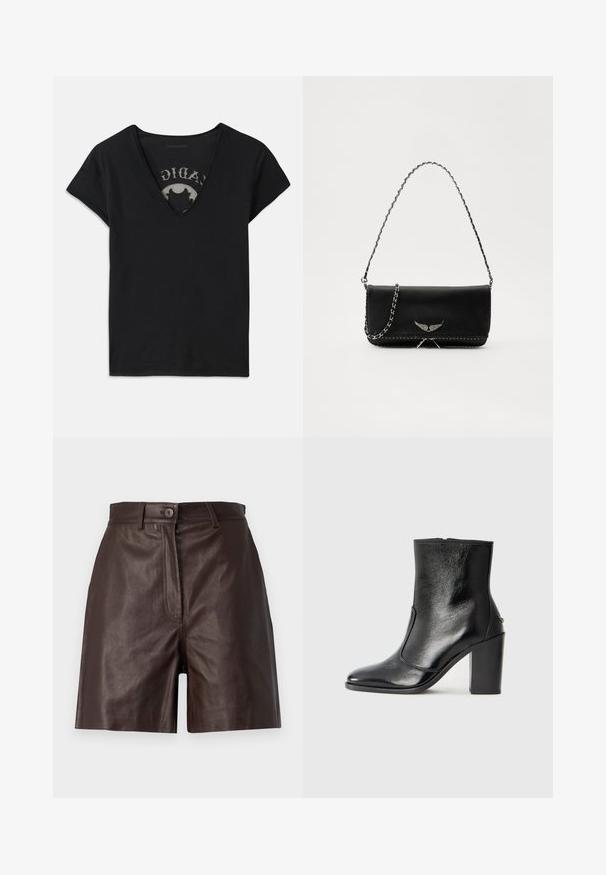 Zwarte t-shirt met korte mouwen en een diepe V-hals, met een mesh paneel en een gedrukt ontwerp op de binnenlaag. Zachte, ademende stof.; WEEKEND MaxMara BIELLA - Shorts - testa moro; Zwarte leren enkelboot met een gladde textuur, spitse neus en een gedurfde hoge hak. Beschikt over een zijopening en een minimalistisch ontwerp.; Zwarte leren handtas met een zilveren kettingband, voorzien van decoratieve vleugelaccenten en witte stiksels langs de onderste naad.