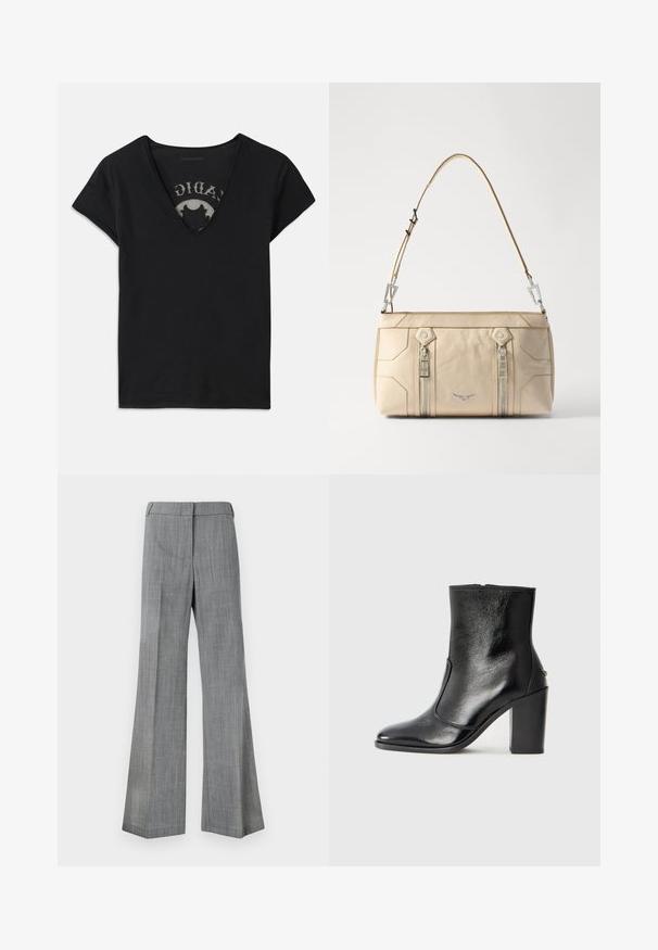 Zwarte t-shirt met korte mouwen en een diepe V-hals, met een mesh paneel en een gedrukt ontwerp op de binnenlaag. Zachte, ademende stof.; Grijze, wijde broek gemaakt van een gestructureerde stof, met een gladde tailleband en een subtiel streeppatroon.; Zwarte leren enkelboot met een gladde textuur, spitse neus en een gedurfde hoge hak. Beschikt over een zijopening en een minimalistisch ontwerp.; Beige leren handtas met zilveren hardware, twee zijritsen, gestructureerd ontwerp en een afneembare schouderband voor veelzijdigheid.