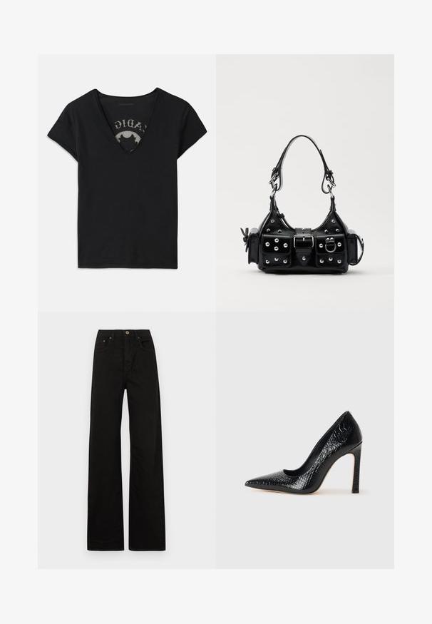 Camisa de tirantes corta negra con un escote en V profundo, que presenta un panel de malla y un diseño impreso en la capa interior. Tela suave y transpirable.; Jeans negros de pierna ancha hechos de una tela resistente. Presentan un cierre frontal con botón, trabillas para cinturón y dos bolsillos frontales. Textura suave y uniforme.; Zapato de tacón alto negro con punta afilada y textura de piel de cocodrilo, que presenta un diseño elegante, un alto tacón de aguja y un interior negro suave.; Bolso de mano de cuero negro con un diseño curvado, que cuenta con tachuelas plateadas, una hebilla y dos bolsillos laterales. Correa ajustable para opciones de transporte.