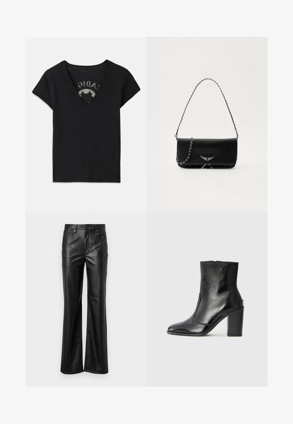 T-shirt nero a maniche corte con scollatura a V profonda, caratterizzato da un pannello in rete e un design stampato sullo strato interno. Tessuto morbido e traspirante.; Pantaloni in pelle nera con design a gamba dritta, dotati di chiusura a bottone, passanti per cintura e tasche frontali. Texture liscia e dettagli minimi.; Stivale alla caviglia in pelle nera, con una superficie liscia, punta affilata e tacco alto e massiccio. Presenta una apertura laterale e un design minimalista.; Borsa a mano in pelle nera con una tracolla in catena argento, caratterizzata da decorazioni a forma di ali e cuciture bianche lungo la cucitura inferiore.