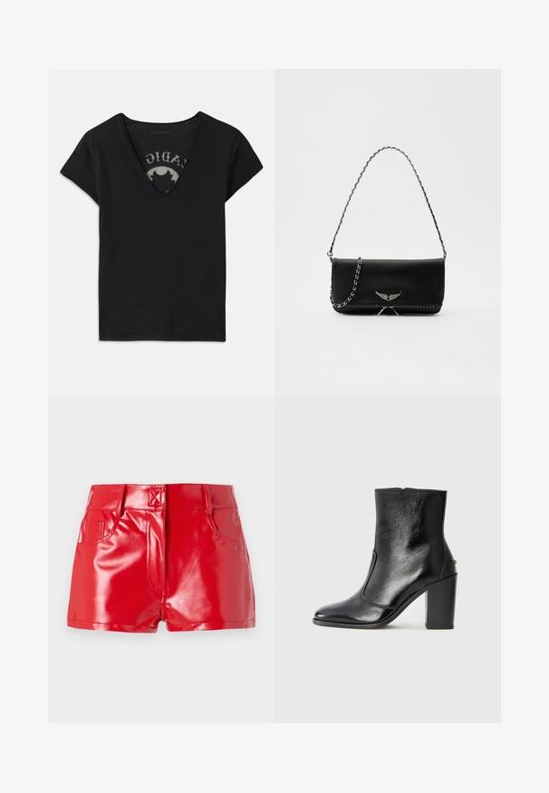 Svart kortärmad t-shirt med djup V-ringning, med ett meshpanel och tryckt design på det inre lagret. Mjuk, andningsbar tyg.; Röda faux lädershorts med en glänsande yta, som har hög midja, framfickor och sömnadsdetaljer. Strukturerad, figurnära design.; Svart läderankelboot med en slät yta, spetsig tå och en kraftig hög klack. Har en sidöppning och ett minimalistiskt design.; Svart läderhandväska med en silverkedja, prydd med dekorativa vingdetaljer och vit sömnad längs den nedre sömmen.