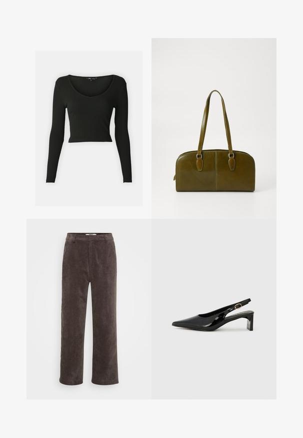 Musthave musta pikkade varrukatega crop top, mis on valmistatud soonikkangast ja millel on sügav V-kujuline kaelus. Omab vormitud varrukaid ja siledat tekstuuri.; Pruunid korduroy laiade sääretega püksid, millel on tekstureeritud viimistlus, tavaline vöökoht ja kaks esimest taskut.; Mustmust värvitud nahast slingback kõrge kontsaga kingad, millel on terav varvas, ristkülikukujuline plokk konts ja kullatooniga detailid.; Olive rohelise nahast käekott ümmarguse kujuga, kahe käepidemega ja sujuva esipaneeliga. Omab sileda tekstuuri ja peeneid õmblusdetailide.