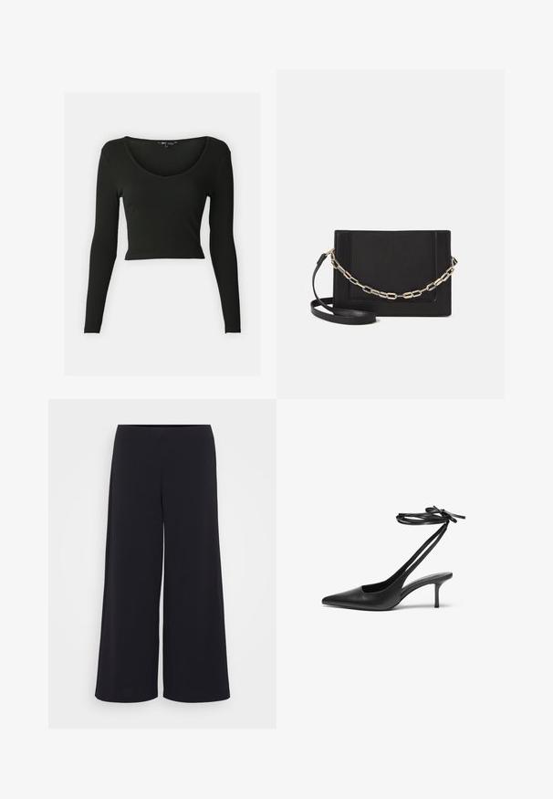 Fekete, hosszú ujjú, ribbed anyagból készült crop top, mély V-nyakkivágással. Illeszkedő ujjak és sima textúra jellemzi.; Fekete, bő szárú nadrág sima anyagból, magas derékkal és lágy vonalakkal, letisztult, díszítések nélküli kivitelben.; Fekete bőrszárú stiletto cipő hegyes orral, nyitott hátsó résszel és masnira köthető bokapántokkal. Karcsú, 3 hüvelykes sarok. Simább textúrájú, minimalista dizájn.; Fekete bőr keresztpántos táska, sima textúrával, téglalap alakú és fém lánc részlettel az elején. Állítható pánttal ellátva.