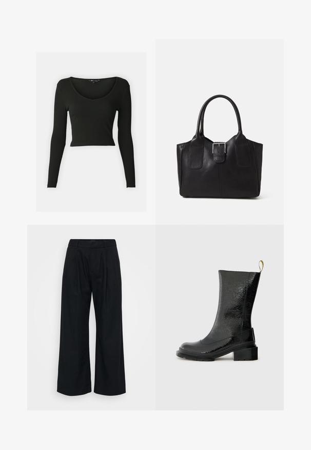 Black long-sleeve crop top made of ribbed fabric with a deep V-neckline. Features fitted sleeves and a smooth texture.; Black wide-leg trousers made of a soft fabric, featuring a flat front, visible pleats, and a waistband with loops for a belt.; Black ankle boot made from shiny, textured material. Features a chunky heel and a pull tab at the back for easy wear.; Black leather tote bag with smooth texture, structured shape, two handles, and a prominent silver buckle detail on the front.