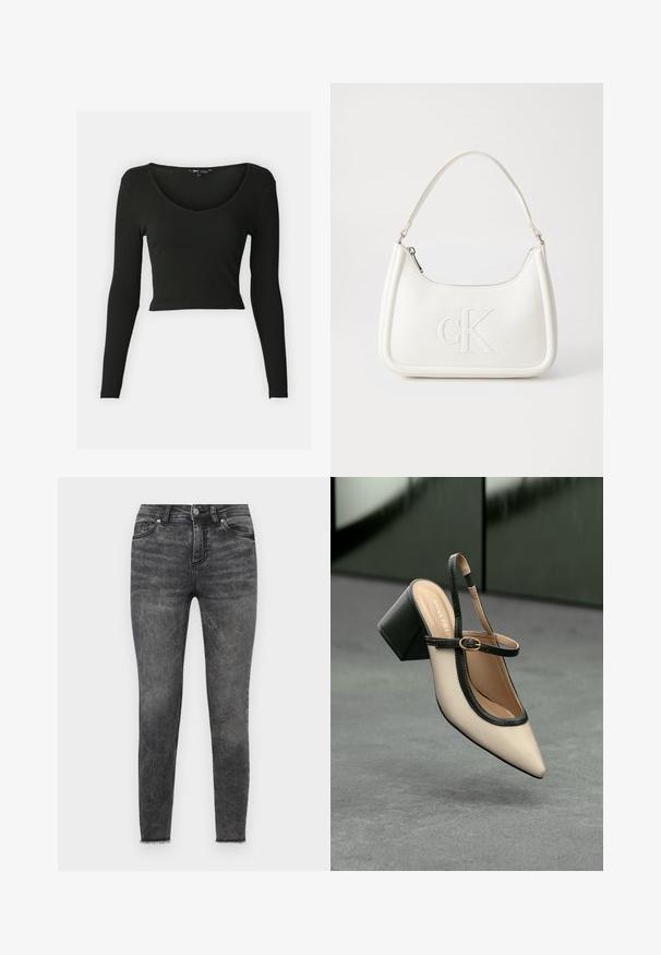 Fekete, hosszú ujjú, ribbed anyagból készült crop top, mély V-nyakkivágással. Illeszkedő ujjak és sima textúra jellemzi.; Fekete, skinny farmernadrág, elhasználódott hatással, hagyományos öt zsebes dizájnnal és rojtos szegéllyel a bokáknál.; Beige, hegyes orrú, pántos cipő fekete díszítéssel, arany csattal és vastag blokk sarokkal, szürke padlón, sötétzöld háttér előtt.; Fehér bőrtáska ívelt formájú, elöl feltűnő "CK" logóval, egyetlen vállpánttal. Cipzáras zárás a tetején.