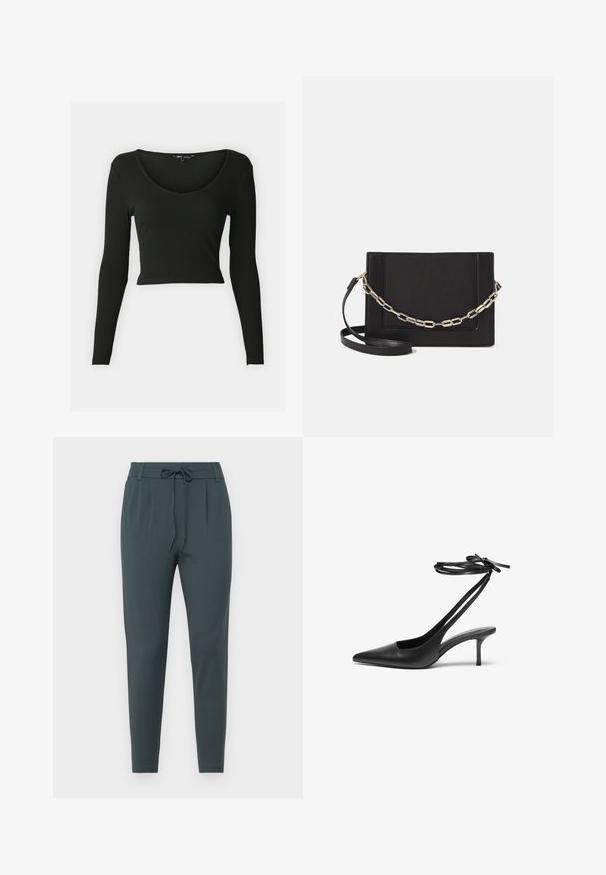Black long-sleeve crop top made of ribbed fabric with a deep V-neckline. Features fitted sleeves and a smooth texture.; Dark green tapered pants made from a smooth fabric, featuring a drawstring waistband and two front pleats for added design detail.; Black leather stiletto shoe with a pointed toe, open back, and ankle straps tied in a bow. Slim 3-inch heel. Smooth texture, minimalist design.; Black leather crossbody bag featuring a smooth texture, rectangular shape, and a metallic chain detail on the front. Adjustable strap included.