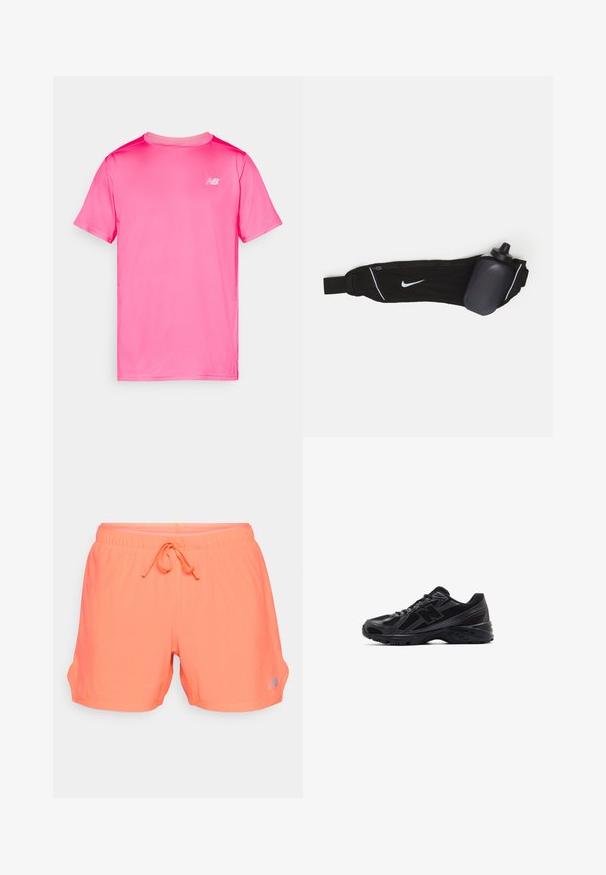 Erksinine lühikese varrukaga T-särk, mis on valmistatud siledast ja kergest kangast. Sellel on õrn soonikkoes muster ja rindkere peal väike valge logo.; Neoonoranžad spordilühikesed püksid, millel on hingav võrktake, elastne vöökoht ja nöör, ning küljetaskud. Vasakul külje peal hõbedane logodisain.; Mustad mustad jalanõud, millel on võrgust pealne ja sünteetilised kattekiht, tekstuuriga tald ja peegeldavad aktsendid nähtavuse jaoks.; Mustmust vöö musta veepudeli hoidjaga, millel on reguleeritav rihm, esipinnal valge Nike logo, hall veepudeli hoidja ja valged aktsentõmblused.