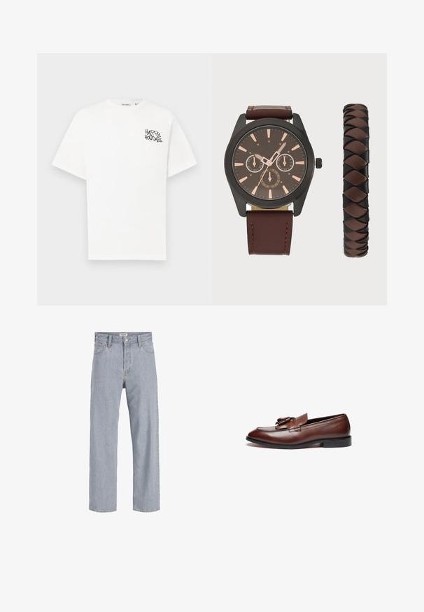 Vit kortärmad t-shirt i bomull med en svart grafik som säger "GLADA HELGER" på vänstra bröstet.; Ljusblå denimjeans med en avslappnad passform, rak bendesign, synlig sömnad, två framtida fickor och knappstängning.; Bruna läderloafer med en slät finish, dekorativa tofsar, rundad tå och en låg svart gummisula.; Pier One SET - Klocka - black/brown