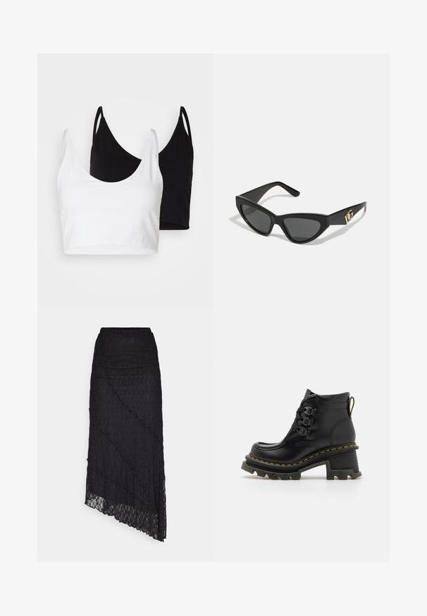 Kaks puuvillast crop topi, valge ja must. Igal on sügav kaelus ja õhukesed õlapaelad, ning need on valmistatud siledast, pehmest materjalist.; Must mustriga topp, millel on õlavarre alt avatud dekoltee, pikad kellukese varrukad ja lainelised ääred. Ühtlane reljeefne lillemuster.; ONLY ONLKIM LACE SKIRT - Maksiseelik - black; Dr. Martens CORRAN BOOT - Poolsaapad - black; Kassionkoodiga päikeseprillid, millel on mati must plastraam, tumedad objektiivid ja kuldne logo aksent templis. Nurgaeline disain ja sile tekstuur.